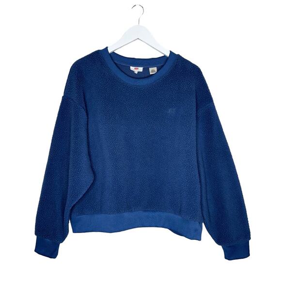 Levi's Blue Crewneck Sweater Sherpa Fleece Fuzzy Top Minimalist Relaxed Wear XL - Picture 2 of 9